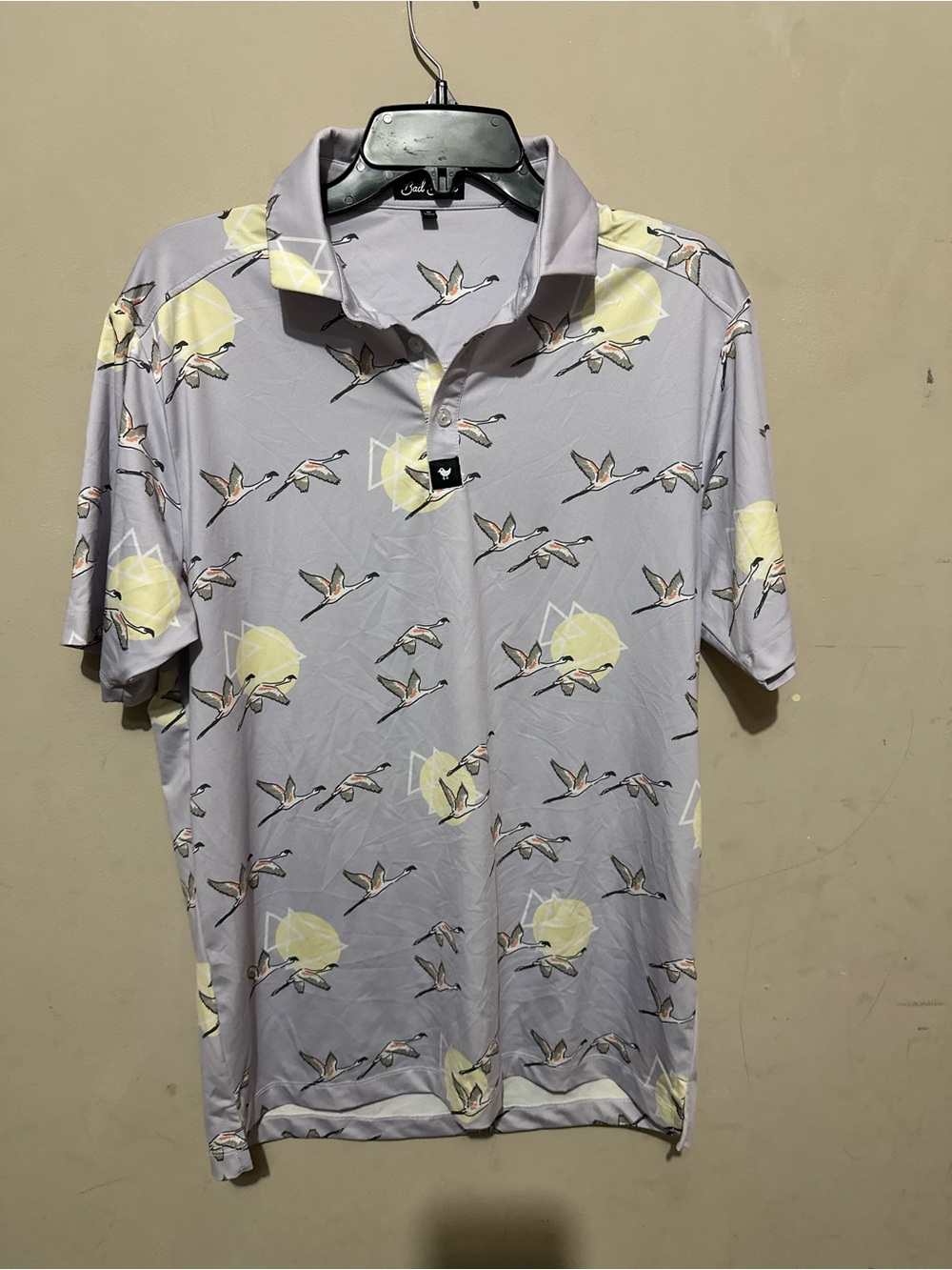 Bad Birdie Polo Shirt Mens Medium Purple Geometric Animal Print Performance Golf